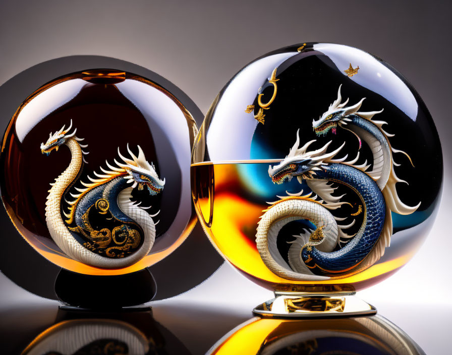 Ornate Dragon-Designed Glass Spheres in Amber and Blue on Reflective Surface