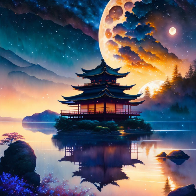 Traditional Asian Pagoda by Serene Lake Under Starry Sky