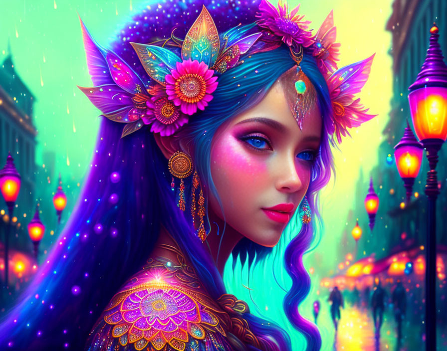 Fantasy character with blue hair and floral headpiece in vibrant enchanted street scene