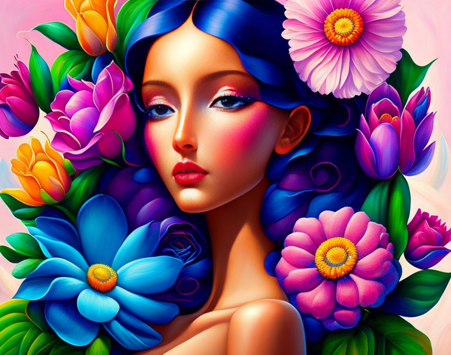 Colorful digital artwork: Woman with blue skin and vibrant stylized flowers