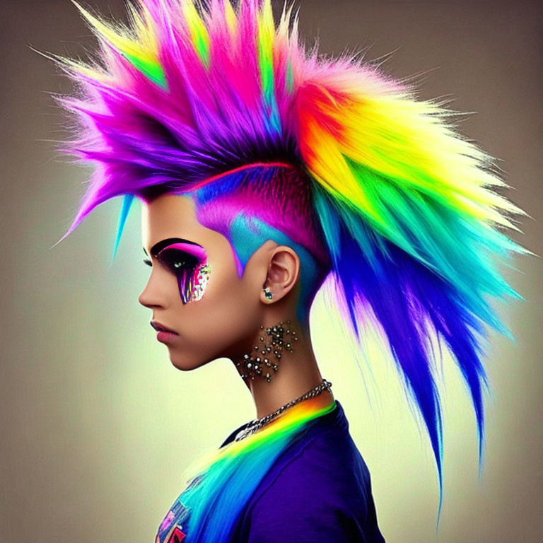 Vibrant multicolored mohawk and eye makeup with studded necklace