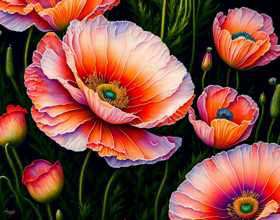 Vibrant orange poppies with blue stamens on dark background.