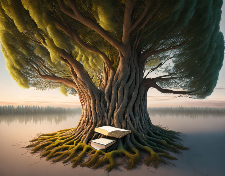 Tranquil illustration of majestic tree by serene water with open book