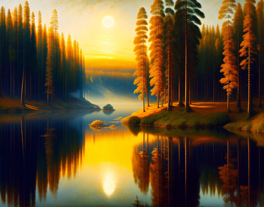 Tranquil sunset scene at a serene lake with tall pines