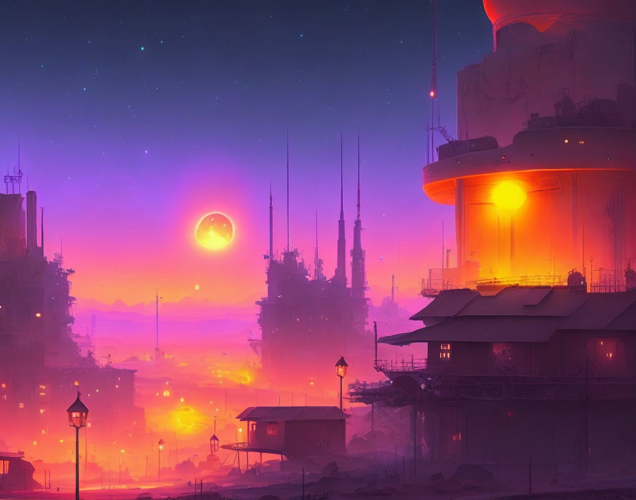 Futuristic cityscape with purple and orange hues, illuminated buildings, starry sky, and large