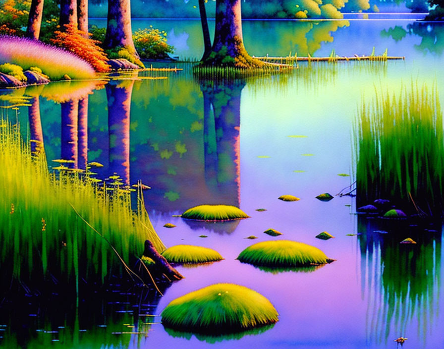 Serene pond with lush greenery and reflections