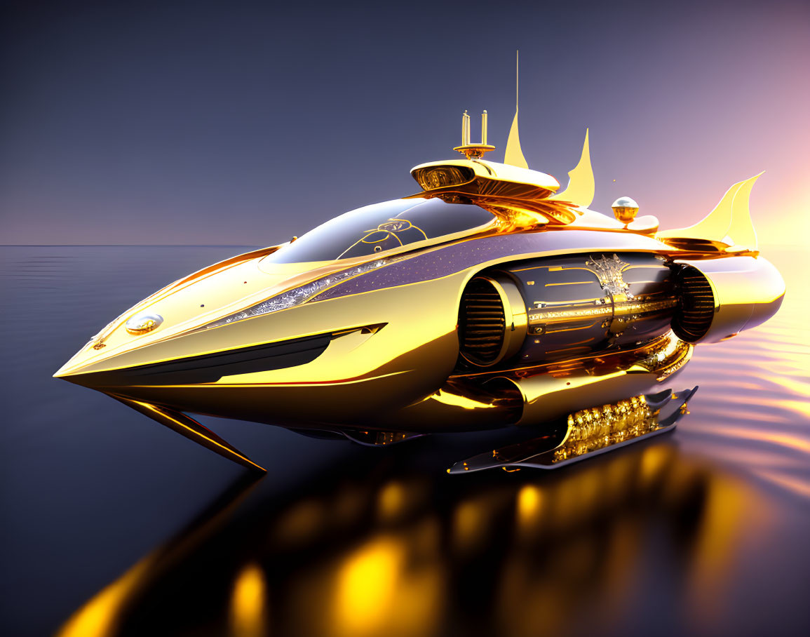 Futuristic Golden Yacht Reflecting on Calm Water at Sunset