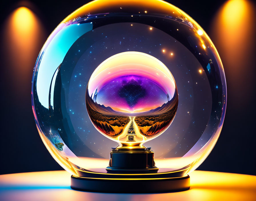 Colorful Crystal Ball Revealing Cosmic Mountain Landscape