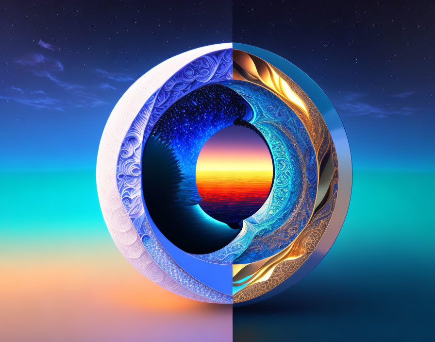 Circular Yin-Yang Symbol with Sunset Scenery in Vibrant Graphic