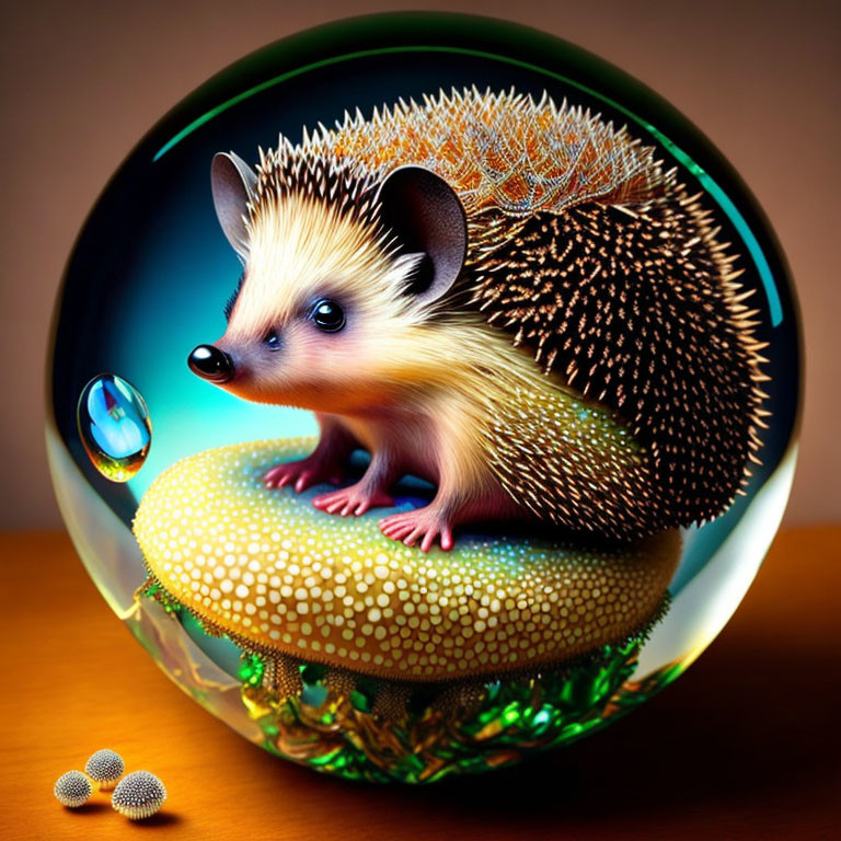 Cute hedgehog in decorative bubble with beads and patterns