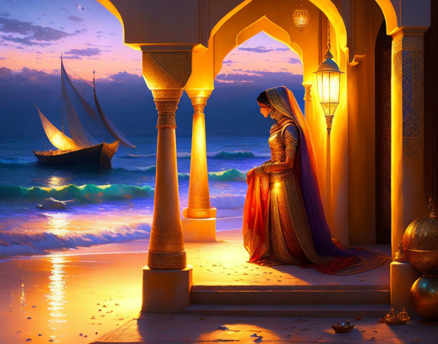 Traditional Attired Woman Gazing at Sea from Ornate Archway at Sunset