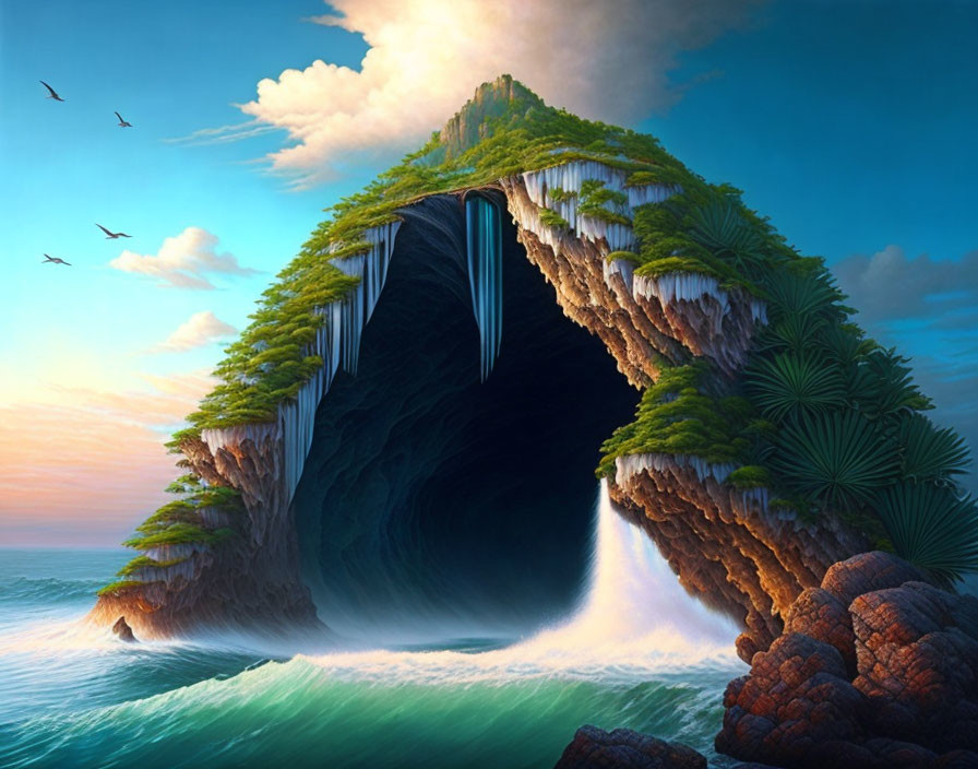 Fantastical seascape with green wave-shaped island cliff, waterfalls, cave, and vivid sky