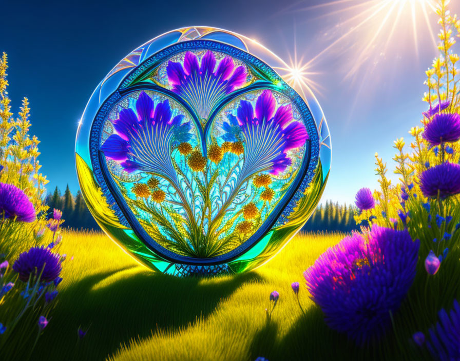 Colorful heart-shaped stained-glass window in vibrant digital artwork