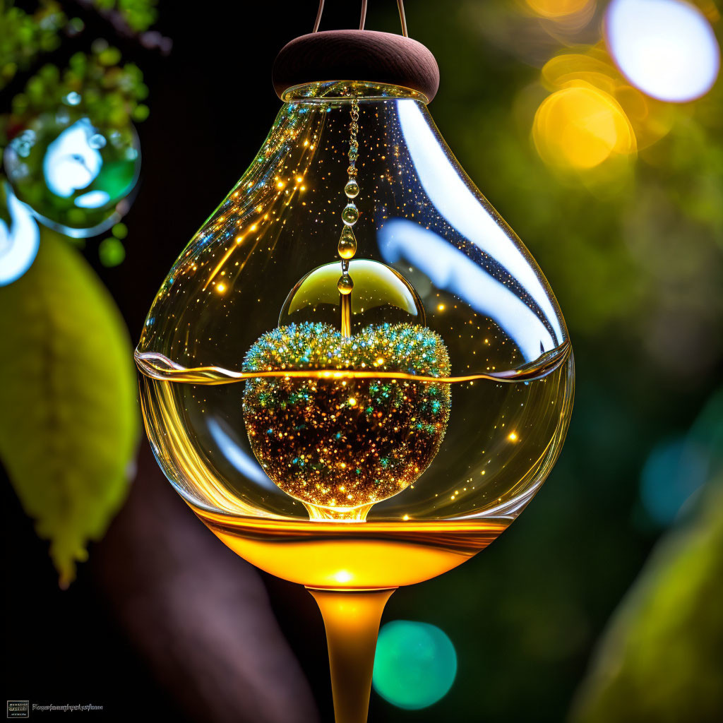 Outdoor Glass Light Fixture with Glittering Sphere and Green Foliage