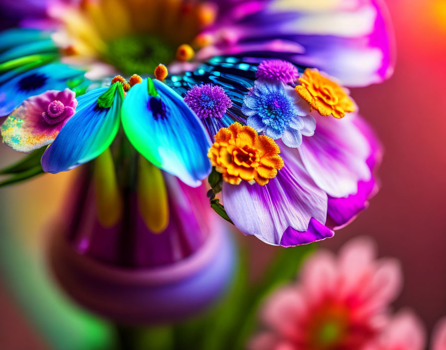 Colorful Bouquet of Purple, Blue, and Orange Flowers on Multicolored Background