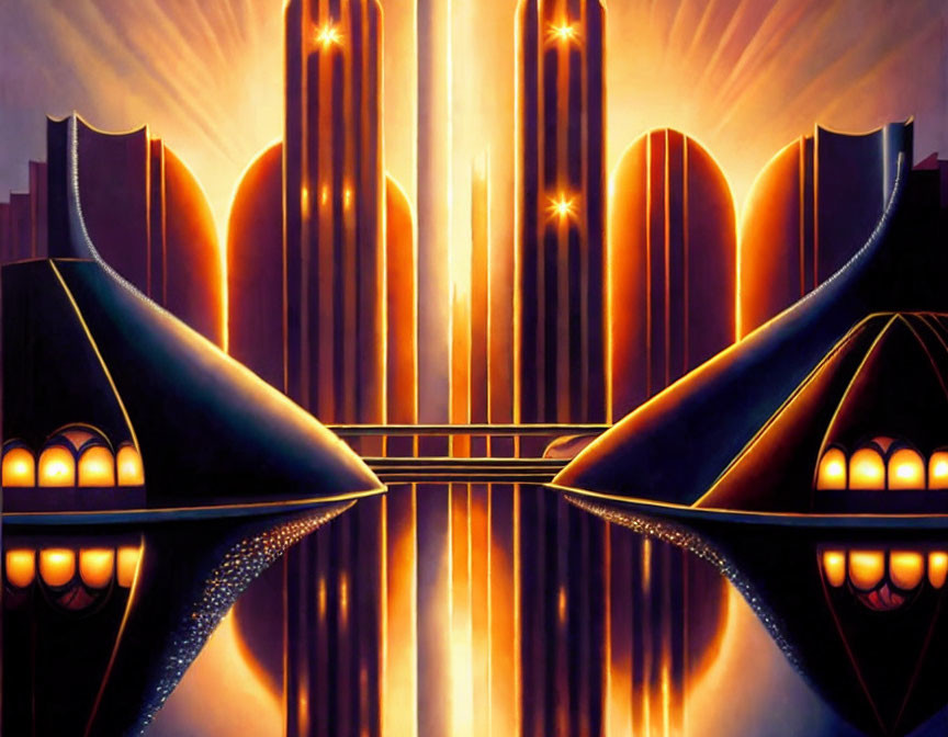 Futuristic cityscape with glowing buildings by calm water