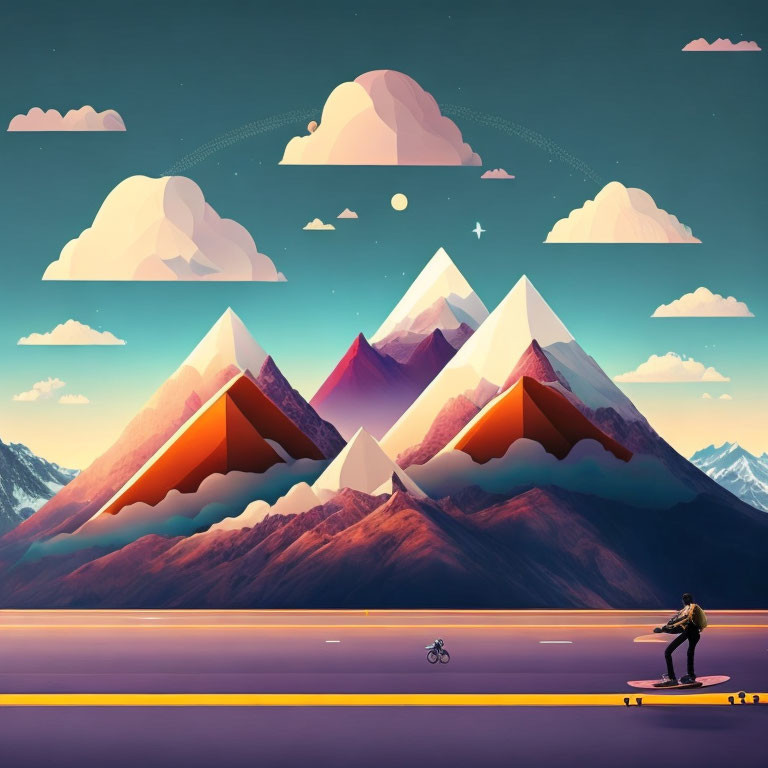 Colorful surreal landscape with geometric mountains, bike, and skateboarder at dusk