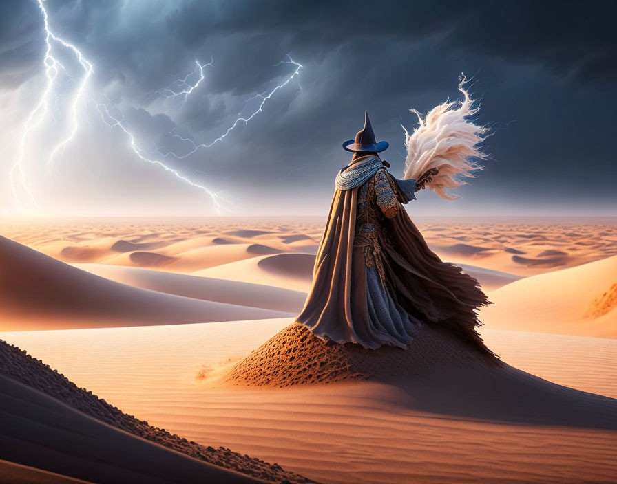 Cloaked figure on desert dune under dramatic sky with lightning