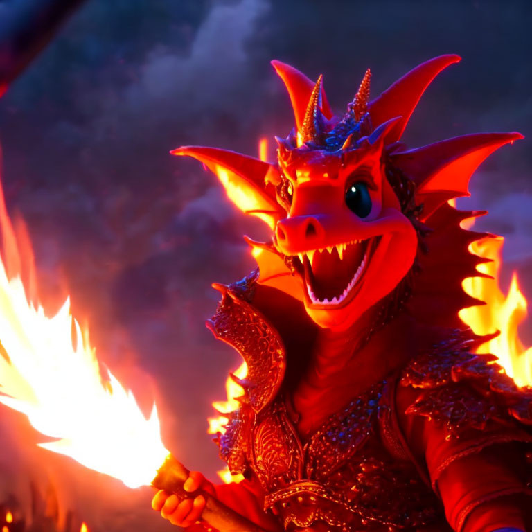 Vibrant Red Dragon Costume with Golden Accents Breathing Fire