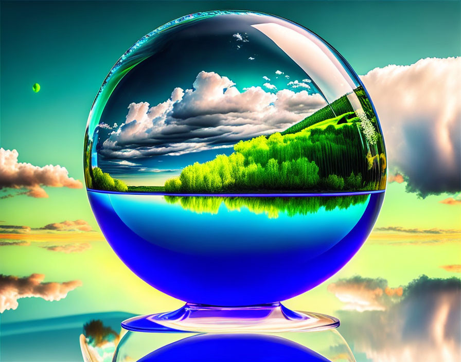 Glass sphere reflecting lush green scene in surreal landscape