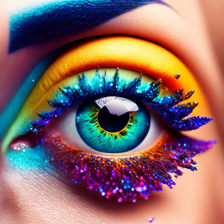 Rainbow-Colored Eye Makeup with Glittery Blue Mascara