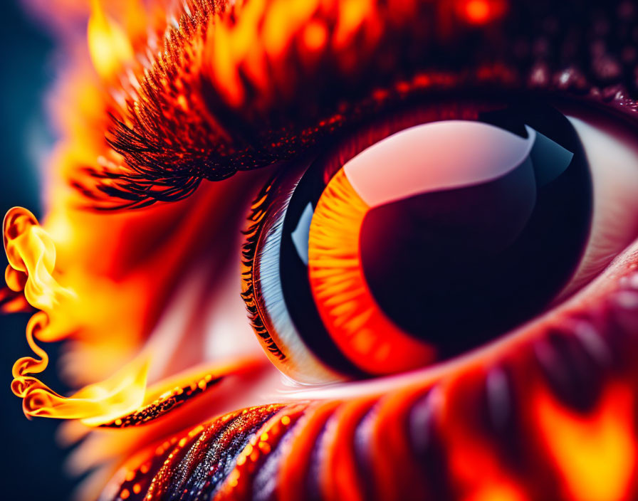 Intense orange eye with fiery elements and swirling patterns