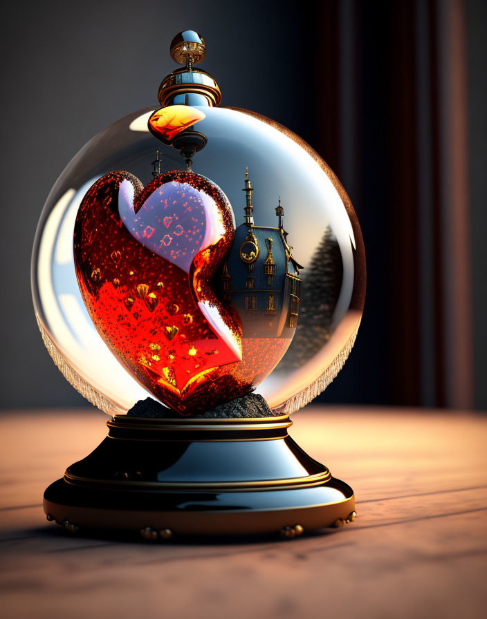 Glass snow globe heart with crack and sparkling particles on base with blurred building background