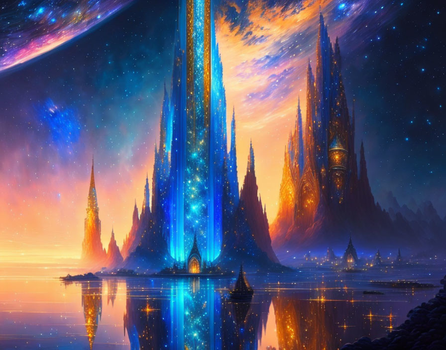 Vibrant alien landscape with towering spires and celestial body