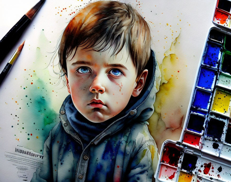 Vibrant watercolor painting of a child with blue eyes and colorful splashes.