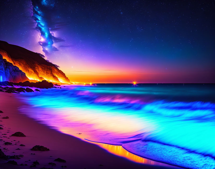 Colorful Beachscape: Glowing Waves, Sunset Sky, Celestial Galaxy