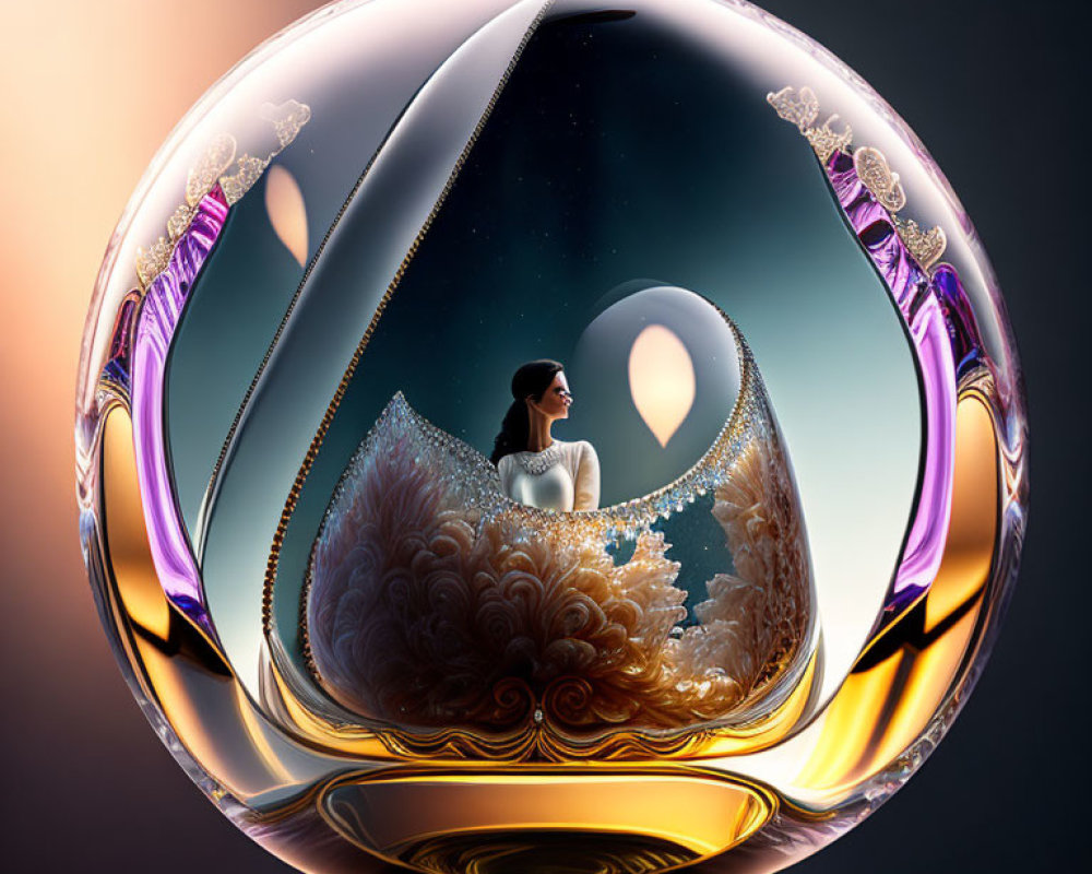 Surreal artwork of woman in ornate sphere with cosmic and floral elements