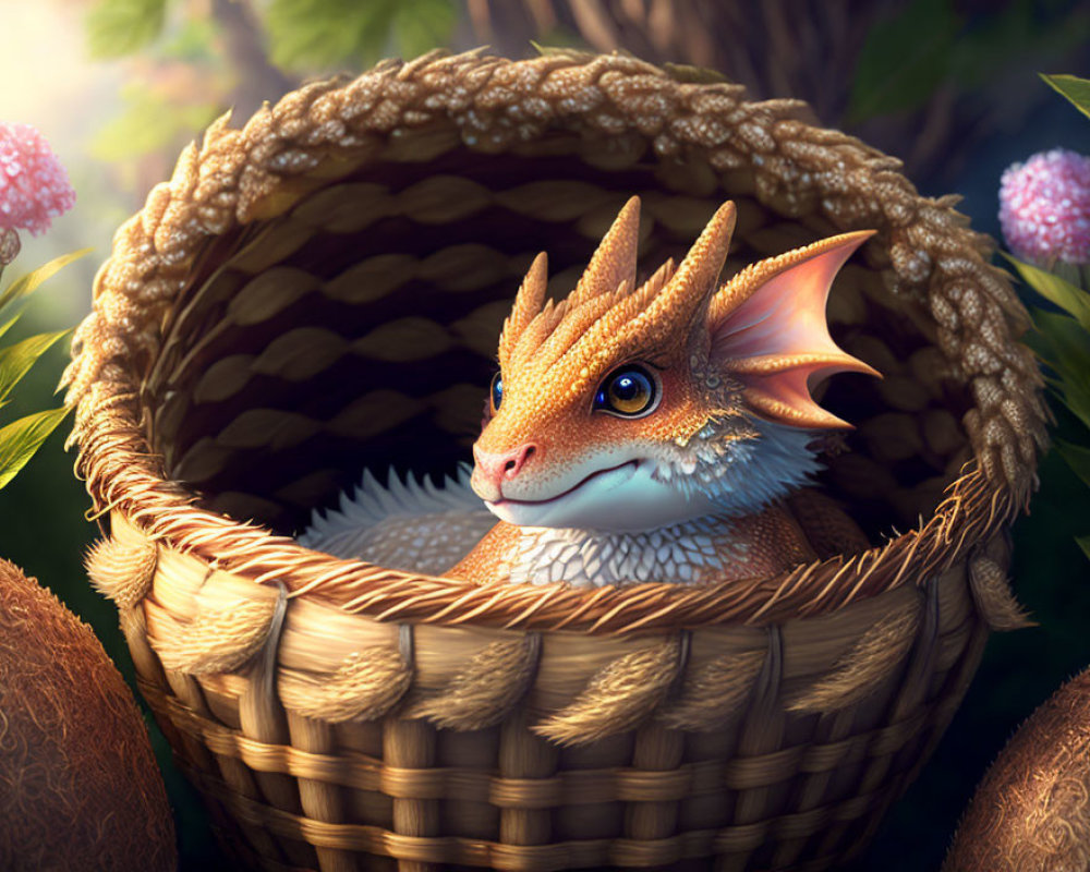 Golden dragon hatchling in woven basket among serene forest with flowers