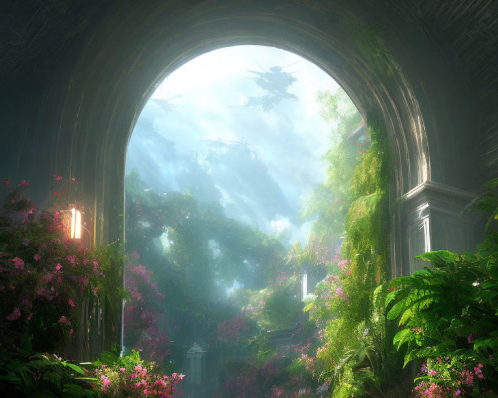 Tranquil archway leading to vibrant garden with lush greenery and mysterious structures.