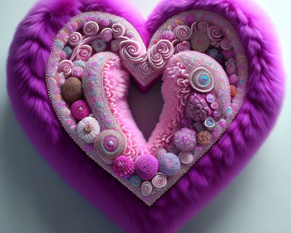 Purple Heart-Shaped Plush Object with Pink Ornamental Balls