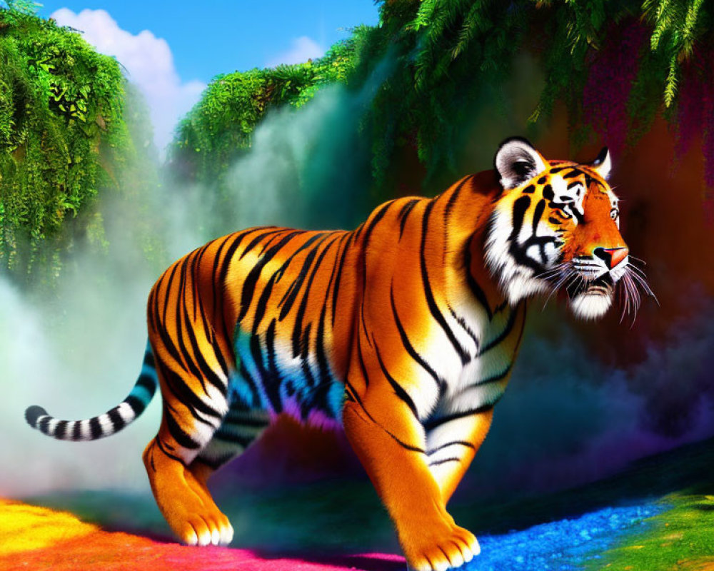 Colorful tiger walking with rainbow mist and hues.