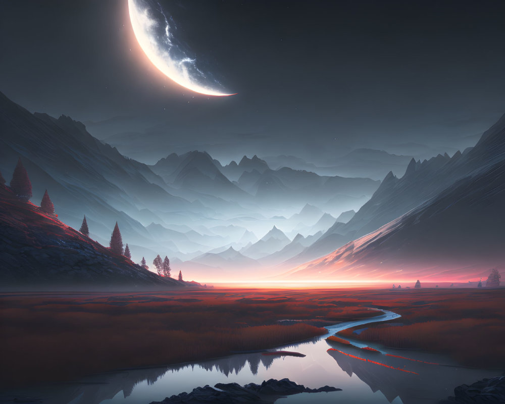 Nighttime landscape with crescent moon over valley, river, mountains, and red flora.