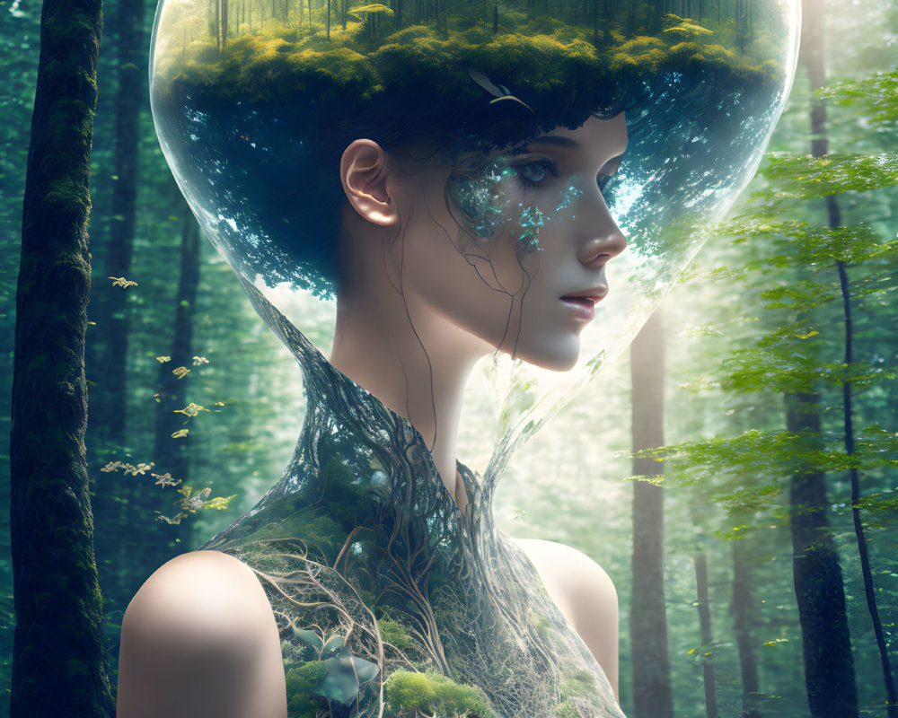 Surreal portrait features woman with transparent dome head and forest surroundings