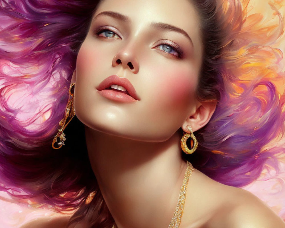 Vivid purple hair woman digital artwork with blue eyes