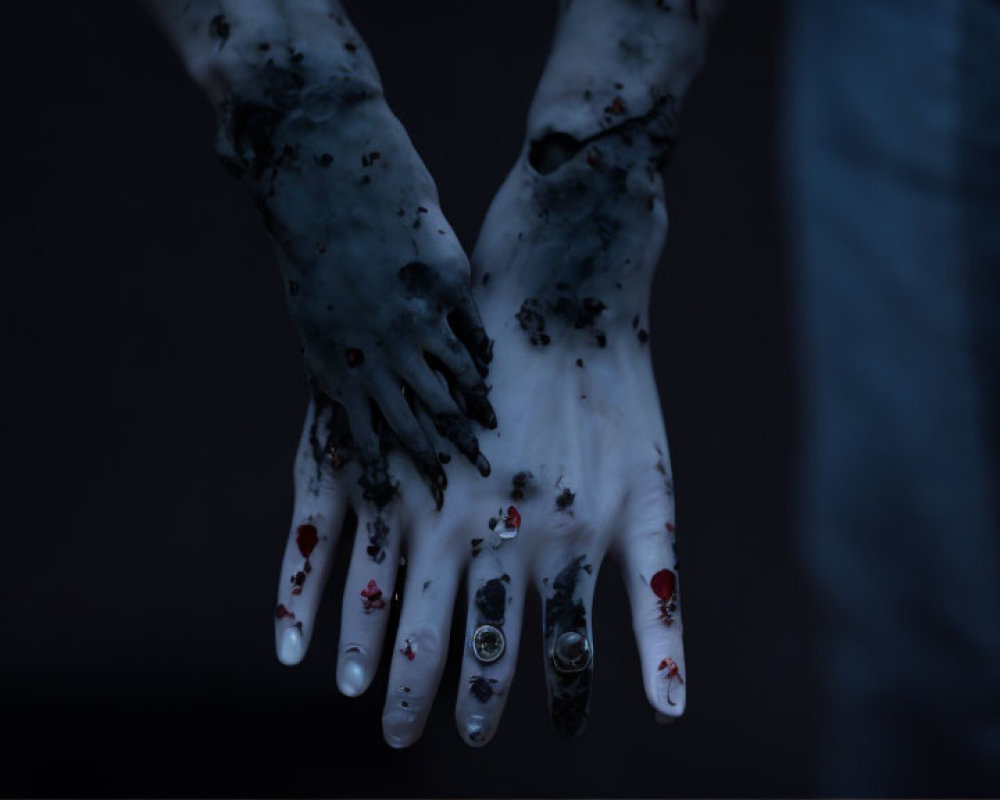 Pale hands with dark veins and blood spots adorned with silver rings on a dark backdrop.