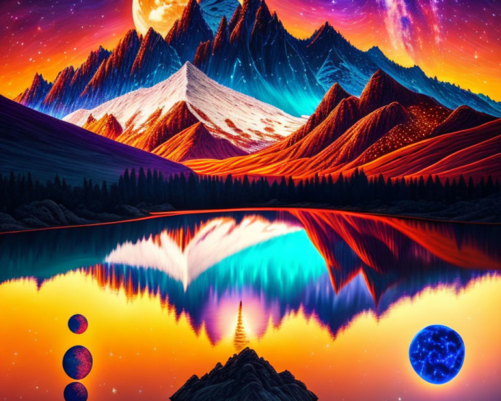 Digital artwork of surreal landscape with mountains, moon, stars, lake, and planets