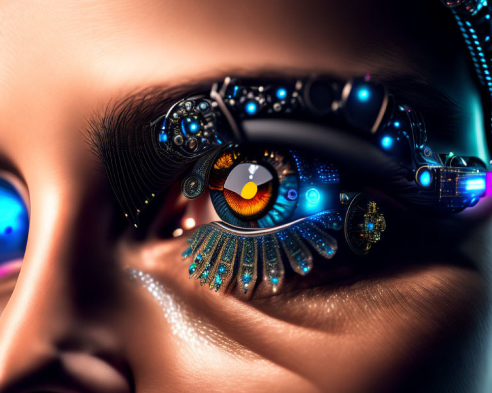 Cybernetic eye integrated into woman's face with advanced technology and vibrant blue lights