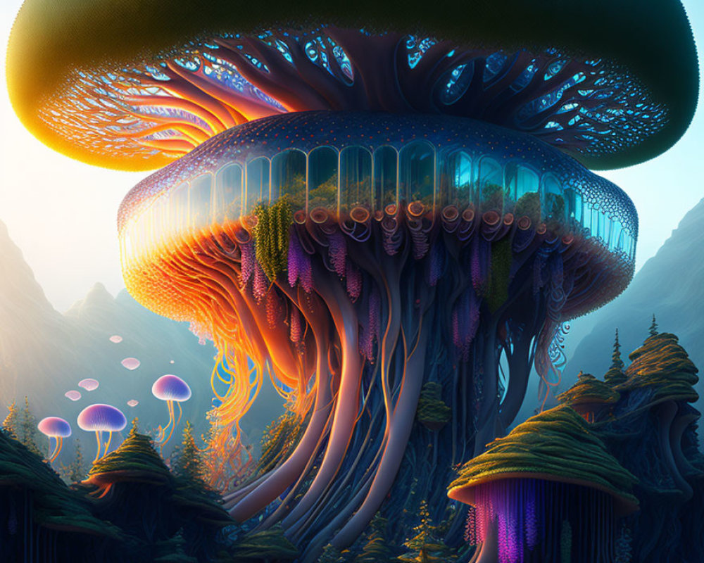 Vibrant bioluminescent mushrooms in magical forest landscape