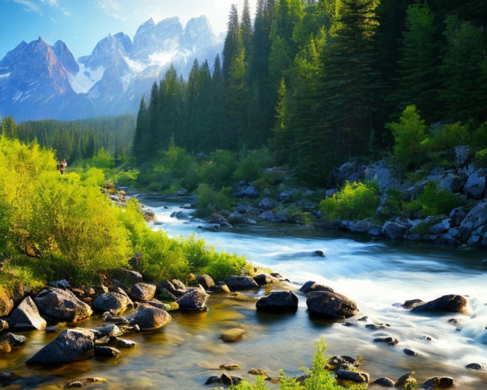 Scenic mountain river in tranquil forest with sunlit peaks