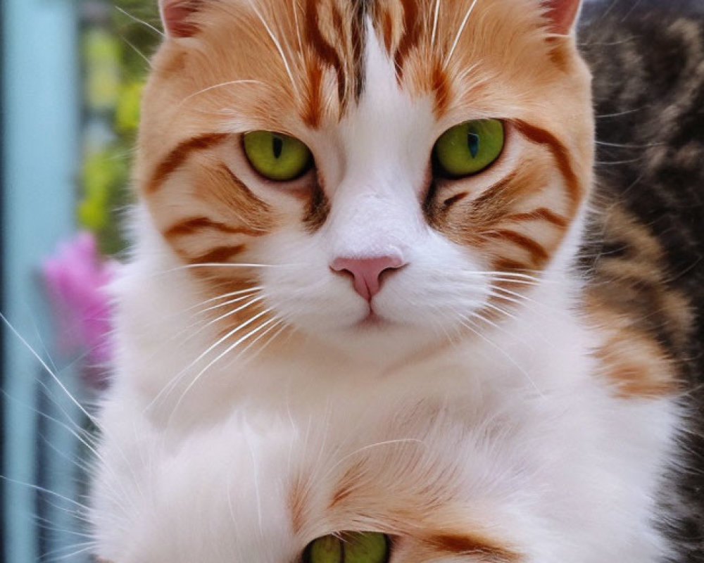 Two Cats with Green Eyes and Orange-White Fur Resting Together