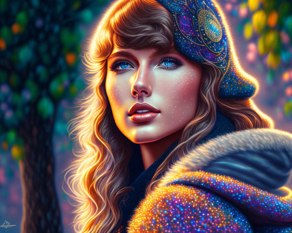 Digital portrait of woman with sparkling skin and blue eyes in colorful beanie and warm jacket against autumnal