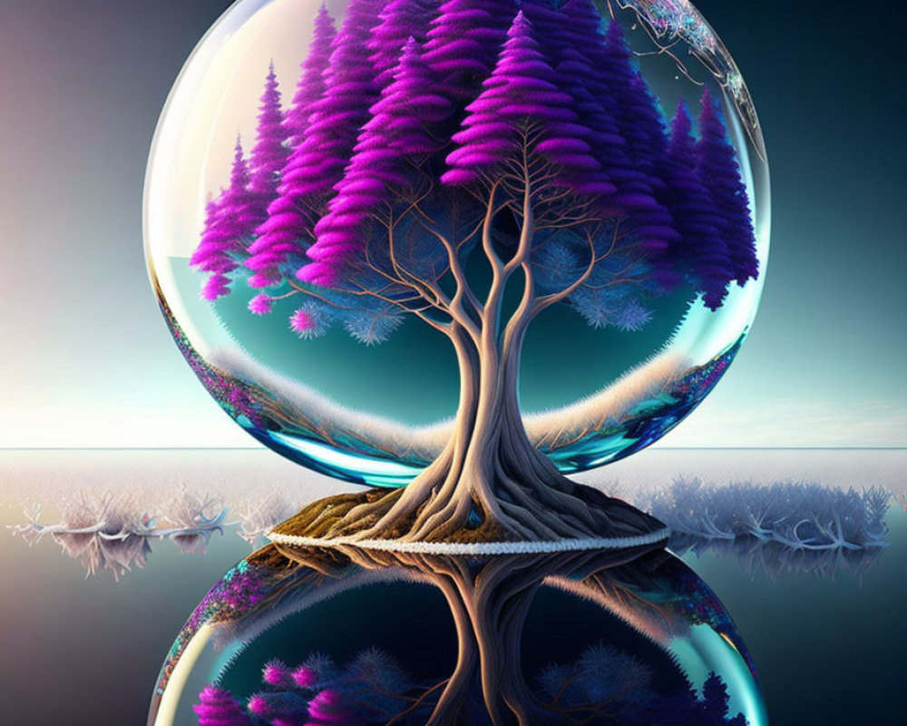 Surreal image of purple foliage tree on floating island with mirrored spheres