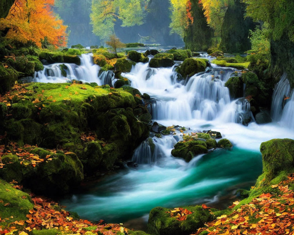 Tranquil waterfall in mossy landscape with autumn leaves and colorful trees