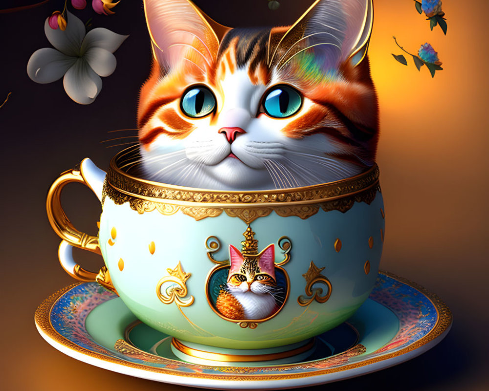 Digital Art: Orange and White Cat in Teal Teacup