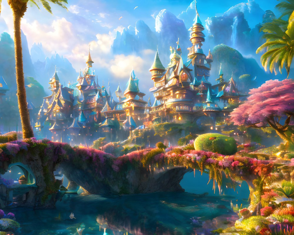 Majestic castle in fantasy landscape with cherry blossoms, mountains, and vibrant sky