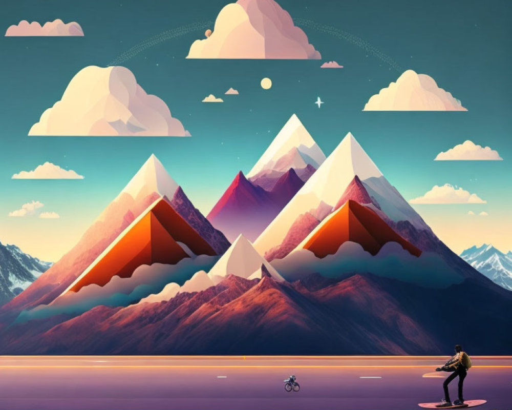 Colorful surreal landscape with geometric mountains, bike, and skateboarder at dusk